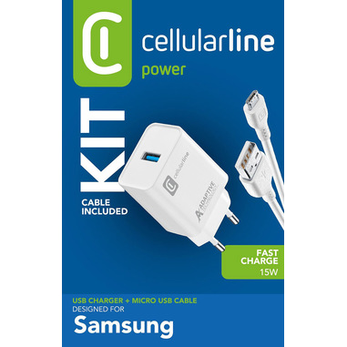 Cellularline Adaptive Fast Charger Kit 15W - Micro USB - Samsung Caricabatterie da rete Fast Charger 15W con cavo Micro USB