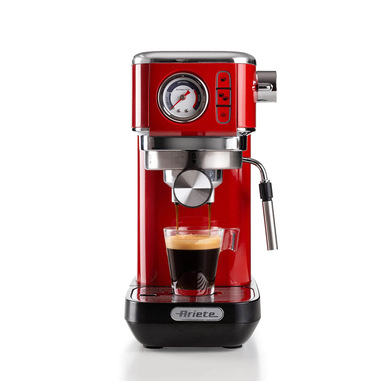 Ariete 1381 Macchina da caffè con manometro, compatibile con caffè in polvere e cialde ESE, 1300 W, Capacità 1,1 L, 15 bar di pressione, Filtro ½ tazze, Dispositivo Cappuccino, Rosso