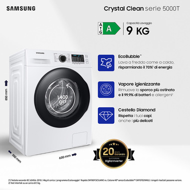 Samsung WW90TA046AE/ET lavatrice a caricamento frontale Crystal Clean™ 9 kg Classe A 1400 giri/min, Porta nera + panel nero