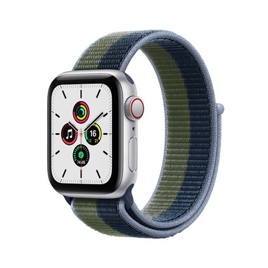 Apple Watch SE GPS + Cellular, 40mm Cassa in Alluminio color Argento con Sport Loop Azzurro/Verde Muschio