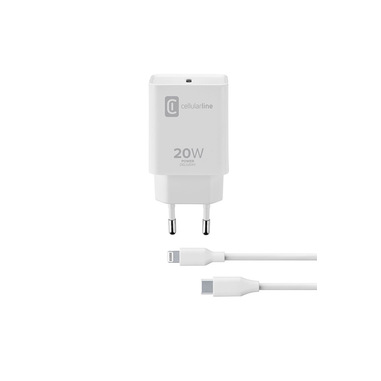 Cellularline USB-C Charger Kit 20W - USB-C to Lightning - iPhone 8 or later Caricabatterie da rete USB-C 20W per la carica alla massima velocità di iPhone 8 e successivi con cavo USB-C to Lightning Bianco