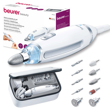 Beurer MP 62 Fresa elettrica Per Unghie da 5400 giri/min, inclusi 10 Accessori Per Manicure E Pedicure in feltro e zaffiro, con Luce LED, colore Bianco, design ergonomico