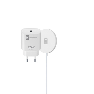 Cellularline Mag Kit Wireless Charger - iPhone 12 and later Base di ricarica wireless magnetica per sistema MagSafe e alimentatore USB-C 20W