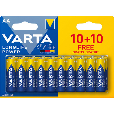 Varta Longlife Power, Batteria Alcalina, AA, Mignon, LR6, 1.5V, Blister da 10+10, Made in Germany