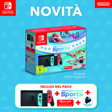 Nintendo Switch con Joy-Con Rosso Neon e Blu Neon + Switch Sports + fascia  per la gamba + Tre mesi di Switch Online