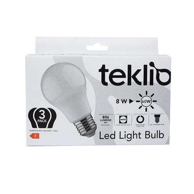 TEKLIO A60-8 Confezione 3 lampadine LED 8W E27 classe F