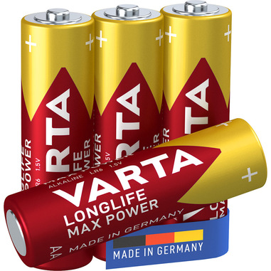 Varta Longlife Max Power, Batteria Alcalina, AA, Mignon, LR6, 1.5V, Blister da 4, Made in Germany