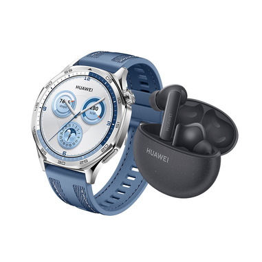 Huawei WATCH GT5, Cassa 46mm in acciaio inossidabile e cinturino in tessuto blu. Compatibile con iOS e Android. Con FreeBuds 5i in omaggio