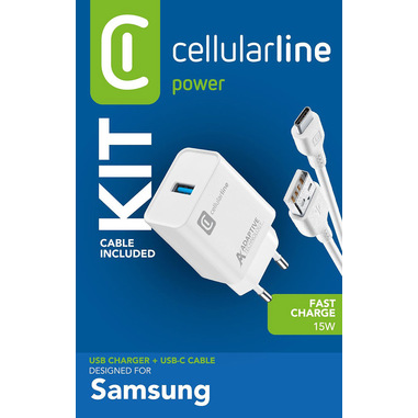 Cellularline Adaptive Fast Charger Kit 15W - USB-C - Samsung Caricabatterie da rete Fast Charger 15W con cavo USB-C