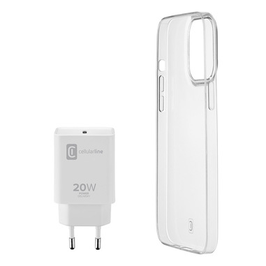 Cellularline STARTER KIT - iPhone 13 Pro Kit di accessori per la ricarica e la protezione di iPhone Bianco, Trasparente