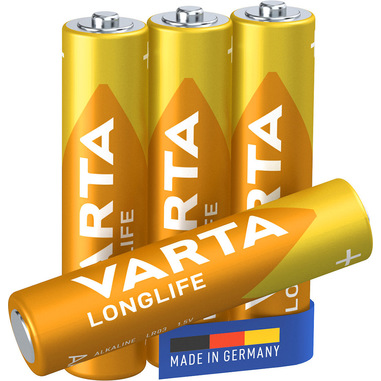 Varta Longlife, Batteria Alcalina, AAA, Micro, LR03, 1.5V, Blister da 4, Made in Germany