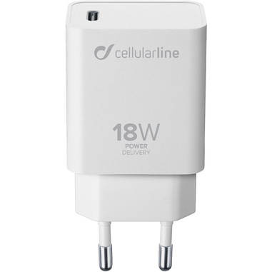 Cellularline USB-C Charger 18W - iPhone 8 or later and iPad Pro (2018) Caricabatterie da rete USB-C 18W per la carica più veloce di iPhone 8 o successivi con USB-C to Lightning Bianco