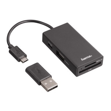 Hama Lettore schede e Hub USB 2 porte con cavo integrato, OTG "On The Go" per smartphone e tablet, adattatore micro USB F/USB A M, nero, blister