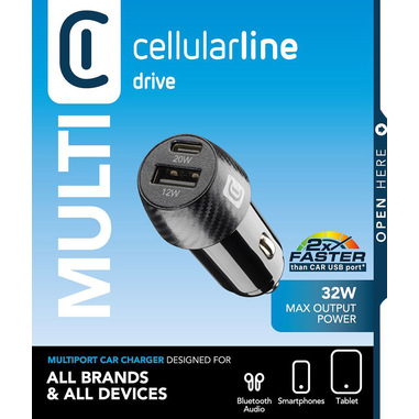 Cellularline Car Multipower 2 FAST+ - iPhone, Samsung, Xiaomi, Oppo and other Smartphones and Tablets Caricabatterie da auto veloce con porta USB e porta USB-C, 32W