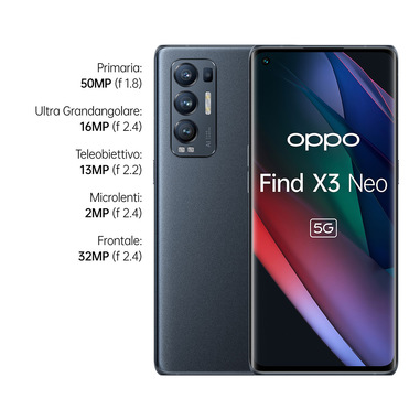 OPPO Find X3 Neo Smartphone 5G, Qualcomm865, Display 6.55''FHD+AMOLED, 4  Fotocamere 50MP, RAM 12GB ESPANDIBILE FINO A 19GB+ROM 256GB, 4500mAh, WiFi  6, Dual Sim, [Versione Italiana], Colore Starlight Black | Smartphone in