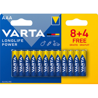 Varta Longlife Power, Batteria Alcalina, AAA, Micro, LR03, 1.5V, Blister da 8+4, Made in Germany