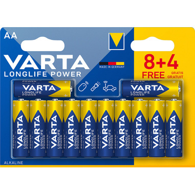 Varta Longlife Power, Batteria Alcalina, AA, Mignon, LR6, 1.5V, Blister da 8+4, Made in Germany