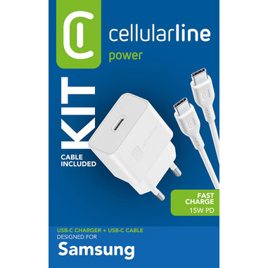 Cellularline USB-C Charger Kit 15W USB-C Charger Kit 15W carica velocemente e in tutta sicurezza i device Samsung con porta USB-C compatibili con la carica 15W.