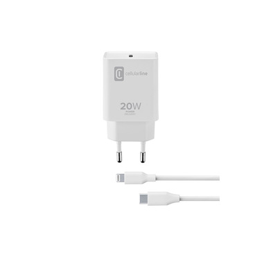 Cellularline USB-C Charger Kit 20W - USB-C to Lightning - iPad (2020) Caricabatterie da rete USB-C 20W per la carica alla massima velocità di iPad (2020) con cavo USB-C to Lightning Bianco