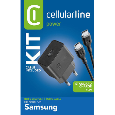 Cellularline USB-C Charger Kit 15W USB-C Charger Kit 15W carica velocemente e in tutta sicurezza i device Samsung con porta USB-C compatibili con la carica 15W.