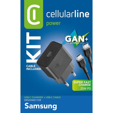 Cellularline Super Fast Charger Kit 25W - USB-C to USB-C - Samsung Caricabatterie da rete Super Fast Charge PD 25W con cavo USB-C to USB-C