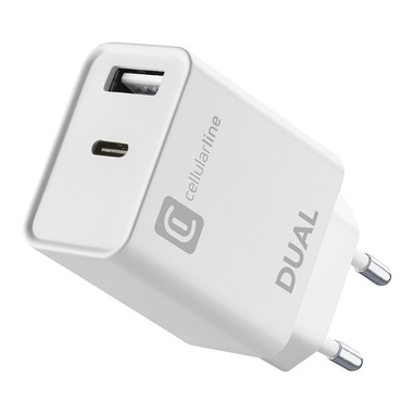 Cellularline Dual Charger - iPhone 8 or later Caricabatterie da rete con 2 porte USB e USB-C per la carica simultanea di due dispositivi Apple Bianco