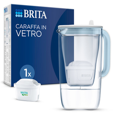 Brita Caraffa in vetro Light Blue (2.5L) incl. 1x filtro MAXTRA PRO All-in-1 - Caraffa di design premium, coperchio ribaltabile per riempimento facile & indicatore, riduce cloro, calcare e impurità