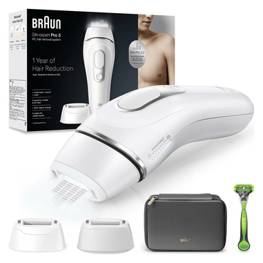 braun silk-expert pro epilatore luce pulsata silk·expert pro 5, epilazione a casa tua, con custodia, rasoio uomo gillette, 2 testine, pl5145