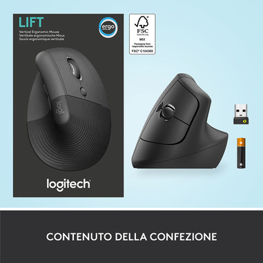 Logitech Lift Mouse Ergonomico Verticale, Senza Fili, Ricevitore Bluetooth  o Logi Bolt USB, Clic Silenziosi, 4 Tasti, Compatibile con Windows / macOS  / iPadOS, Laptop, PC. Grafite