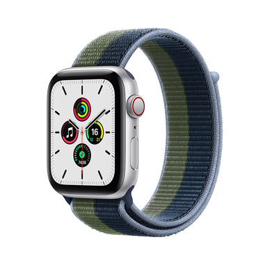 Apple Watch SE GPS + Cellular, 44mm Cassa in Alluminio color Argento con Sport Loop Azzurro/Verde Muschio
