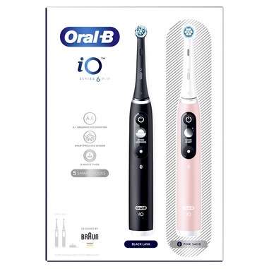 Oral-B Spazzolino Elettrico Ricaricabile iO 6 Nero e Rosa, 3 Testine di Ricambio, Confezione Doppia, 2 Spazzolini