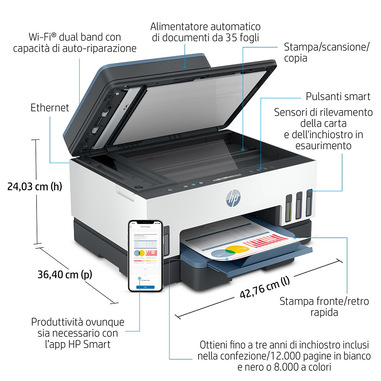 HP Smart Tank Stampante multifunzione 7306, Colore, Stampante per  Abitazioni e piccoli uffici, Stampa, Scansione, Copia, ADF, Wireless, ADF  da 35 fogli, scansione verso PDF, stampa fronte/retro